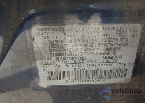 2017 Nissan Sentra S/Sv/Sr/Sl from USA, damaged, VIN 3N1AB7AP2HY404862